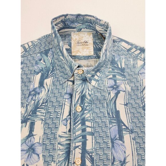 Tasso Elba Island Sz Medium Mens Blue Floral Silk Linen Blend Short Sleeve Shirt - Picture 6 of 9
